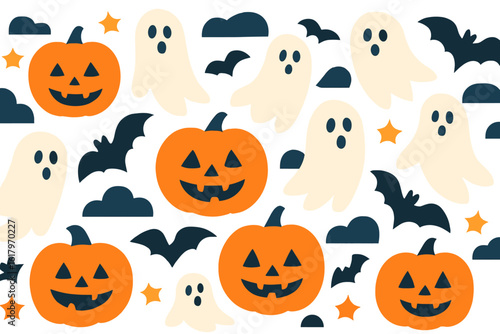 A humorous Halloween party invitation card design featuring a cute cartoon pumpkin, witch, and bat for an autumn October holiday celebration