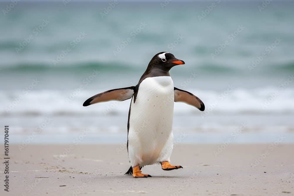 Naklejka premium King Penguin Aptenodytes patagonicus Chicks in Creche in the rain.a Gentoo penguin standing on a sandy beach, wings outstretched and one leg raised. penguin has a black head, white belly, 