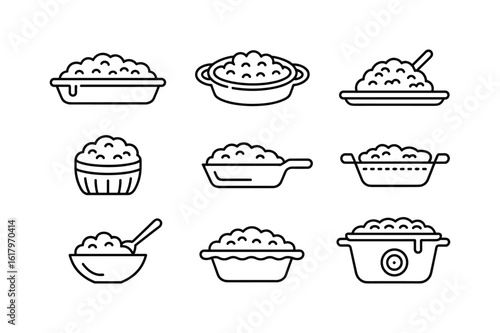 Various dishes with mashed food and serving utensils bowls