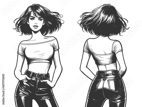 front and back view of a fashionable woman with short hair, crop top, and leather pants sketch engraving generative ai fictional character vector illustration. Scratch board. Black and white image.