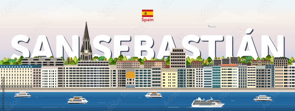 Fototapeta premium San Sebastian cityscape colorful vector illustration with big city name on the background. Travel trendy poster