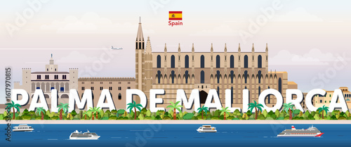 Palma de Mallorca cityscape colorful vector illustration with big city name on the background. Travel trendy poster