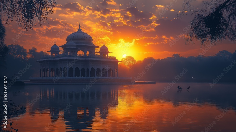 Obraz premium Sunset over traditional Indian lake pavilion showcasing Rajasthani architecture
