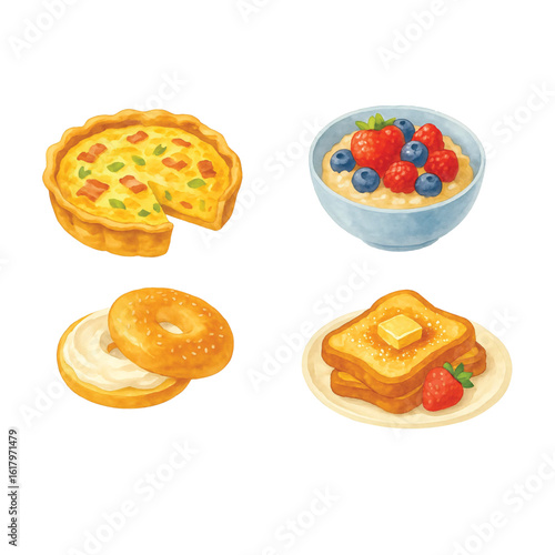 American Food Watercolor Pack #12—Quiche Lorraine, Oatmeal with Berries, Bagel with Cream Cheese, French Toast. Watercolor Illustration. Design Element. Clip art. Suitable for artwork design.