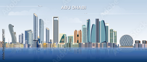 Abu Dhabi city skyline on gradient beautiful day sky background. Vector illustration