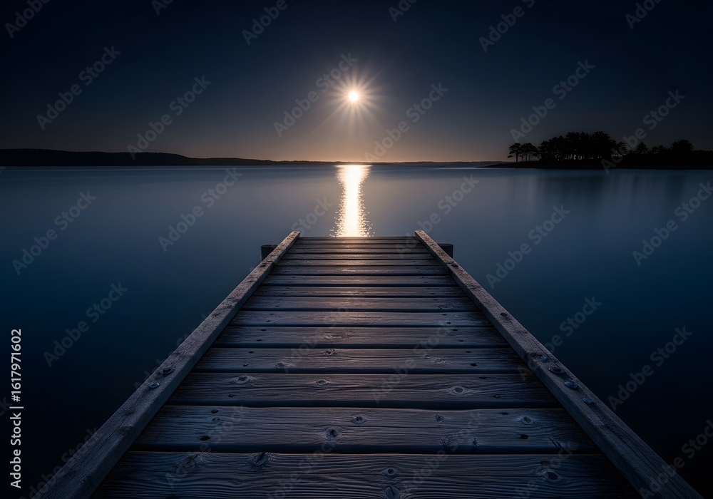 Serene wooden pier leads to tranquil lake reflecting bright starburst sun at twilight Serene wooden pier leads to tranquil lake reflecting bright starburst sun at twilight