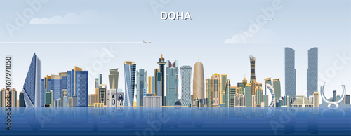 Doha city skyline on gradient beautiful day sky background. Vector illustration