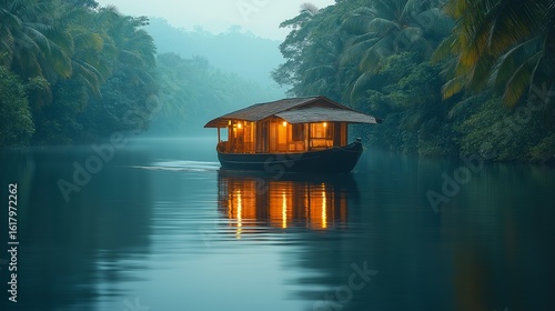 Fototapeta Naklejka Na Ścianę i Meble -  Kerala backwater cruise experience on traditional houseboat in tropical India