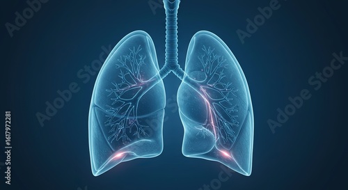 Human lungs with glowing red areas and branching airways