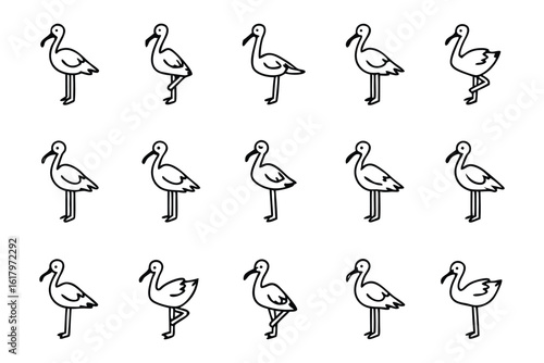 Stylized Ibises in Flight: A collection of graceful ibises, captured in a series of minimalist silhouettes, elegantly showcase various poses suggesting flight, migration and grace.