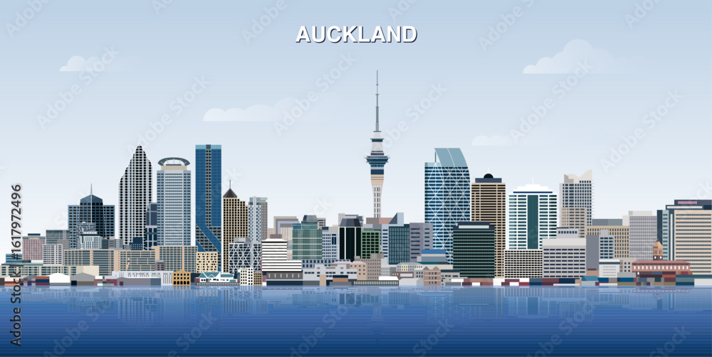 Fototapeta premium Auckland city skyline on gradient beautiful day sky background. Vector illustration