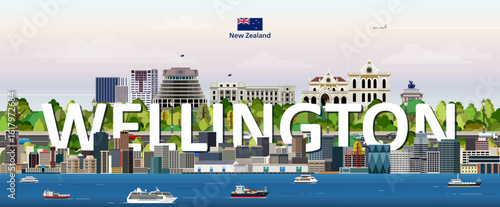 Wellington cityscape colorful vector illustration with big city name on the background. Travel trendy poster