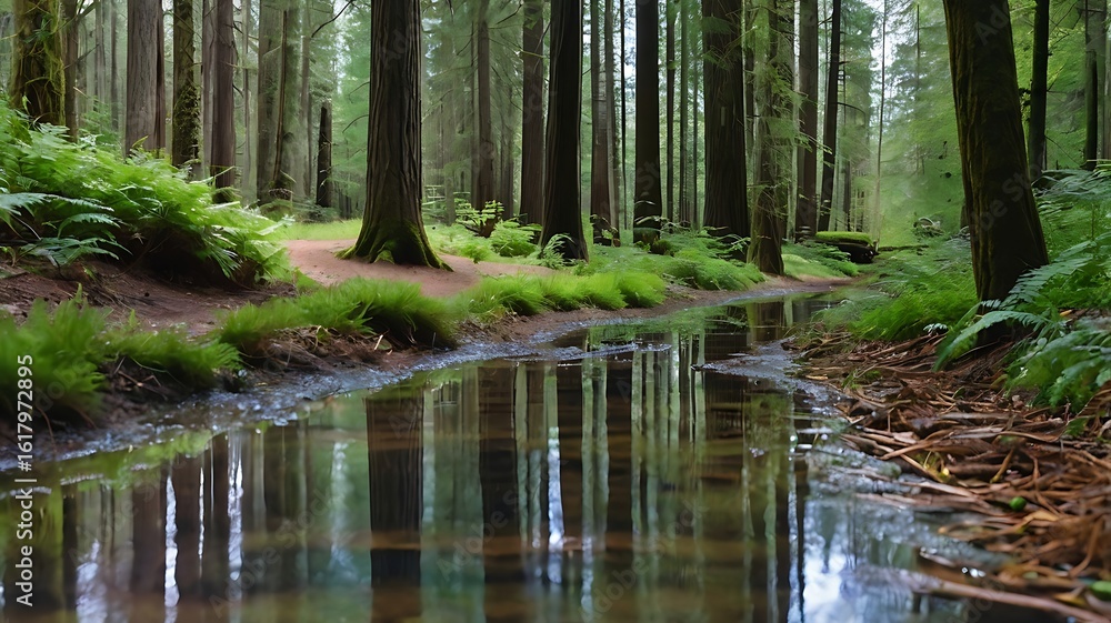 Obraz premium Nature's Mirror: A Quiet Forest Stream Reflecting the Green Canopy