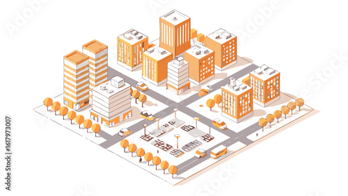 Isometric view of a city block with buildings streets trees cars and parking lots in a stylized design