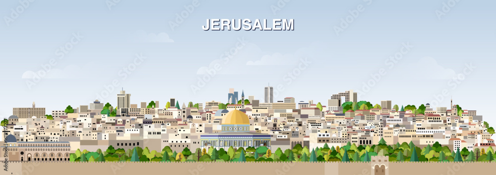Obraz premium Jerusalem city skyline on gradient beautiful day sky background. Vector illustration