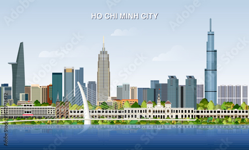 Ho Chi Minh City skyline on gradient beautiful day sky background. Vector illustration