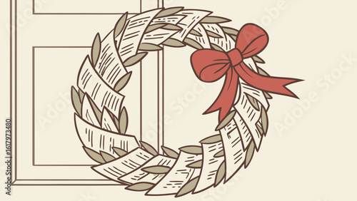 Illustration of a wreath made of paper sheets with a red bow hanging on a door frame decoration style