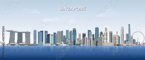 Singapore city skyline on gradient beautiful day sky background. Vector illustration