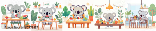 cute koala vector eating fruit on the table