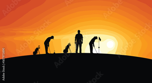Golfers silhouette at sunset, playing golf outdoors, scenic golf course, evening sky background, relaxing sport activity, peaceful nature, leisure time