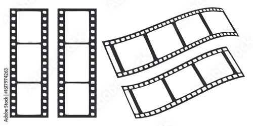 "Trendy Film Strip Frame Templates Set - Vintage Cinema Reel with Grunge Texture on Transparent Background - Vector Illustration"
