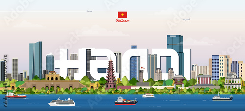 Hanoi cityscape colorful vector illustration with big city name on the background. Travel trendy poster