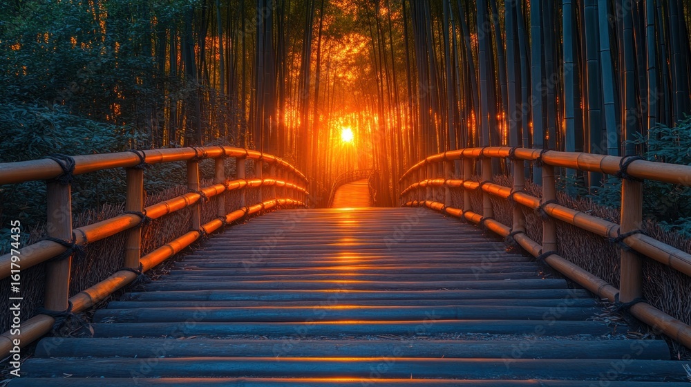 Fototapeta premium Bamboo bridge at sunset