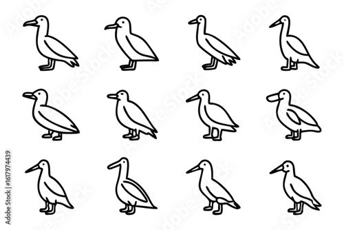 Bird Icon Set: A visually appealing icon set, featuring diverse avian representations perfect for designs and user interfaces. These black and white outlines offer adaptability for diverse projects.