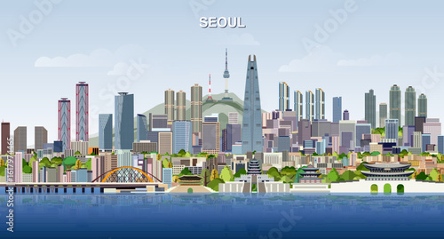 Seoul city skyline on gradient beautiful day sky background. Vector illustration