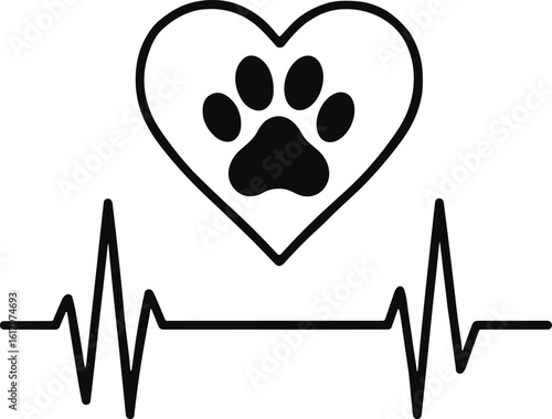 Heart and paw with EKG line, pet love icon, veterinary care symbol, animal health concept, clinic illustration, black vector design