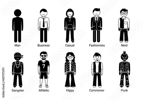A collection of stick figure illustrations depicting various male characters with different styles, including business, casual, fashionista, nerd, gangster, ...