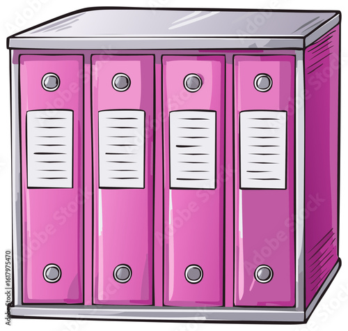 Cartoon illustration of pink office binders in a file holder for document storage