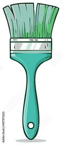 Artwork of a teal paint brush with green bristles stands upright in a studio art supply, DIY project accessory concept illustration