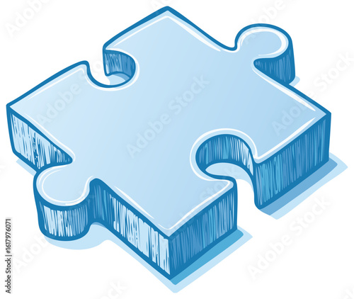 Blue Puzzle Piece Illustration, Cartoon Style Isometric Design, Completeness and Solution Finding Concept