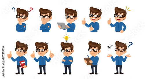 Cartoon man in various poses and expressions, including questioning, using a tablet, giving thumbs up, having an idea, and taking notes.