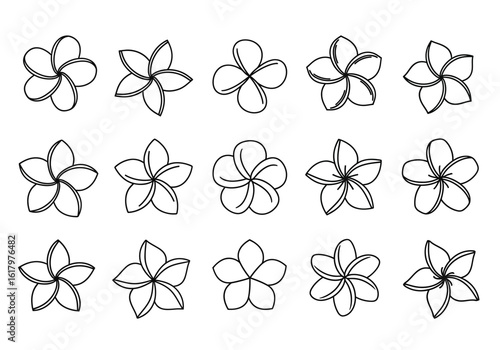 Fifteen plumeria flower outlines in a variety of shapes and styles, arranged in three rows on a white background.
