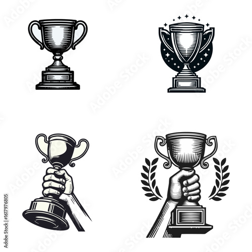 Four black and white trophy illustrations, two standalone and two being held by a hand.