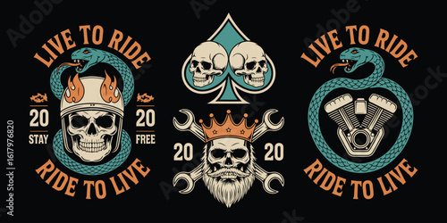Biker Patch Vector Set – Emblem Designs for Jackets, Logos, Apparel, Badges, Motorcycle Club Symbols, Vintage Style, Isolated on Dark Background, Editable Vector Art