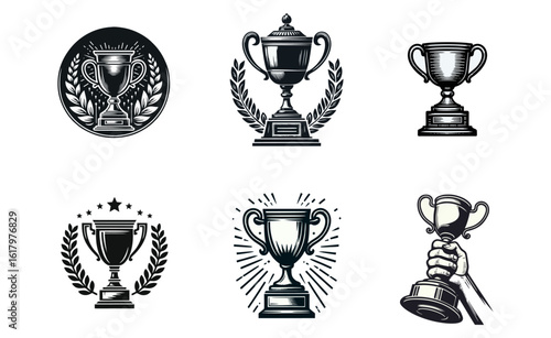 Collection of six trophy illustrations in black and white, showcasing various cup designs with laurel wreaths and a hand holding a trophy.
