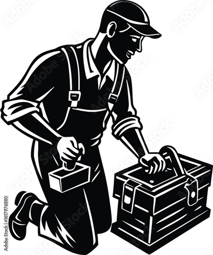 Dad Toolbox Fixing Silhouette Vector ,worker with shovel