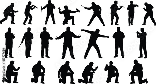 Silhouette figures in combat poses with weapons, action scene design, crime thriller illustration, dramatic tension, armed stance, tactical movement