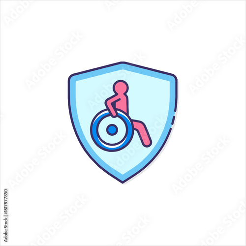 Person in wheelchair protected by shield symbolizes accessibility and inclusion in a supportive environment, promoting diversity and equal rights.
