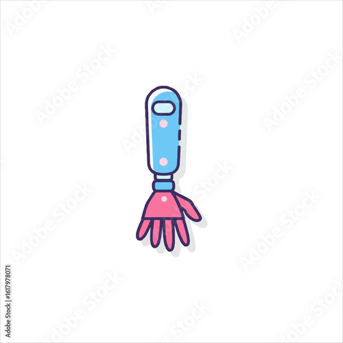 Prosthetic hand stands upright against white backdrop, showcasing futuristic medical technology and accessibility for individuals with disabilities.