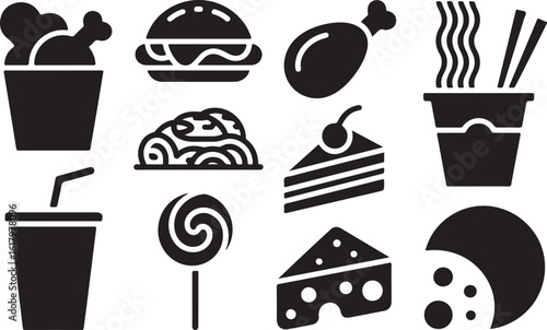 Fast food icons chicken burger noodles cake drink cheese vector