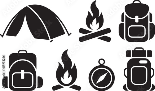 Black camping icons including tent backpack campfire and compass vector