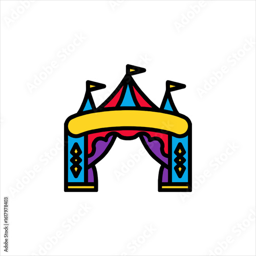 Colorful circus tent entrance stands tall, promising fun and excitement for visitors at the fairground, creating a festive atmosphere.