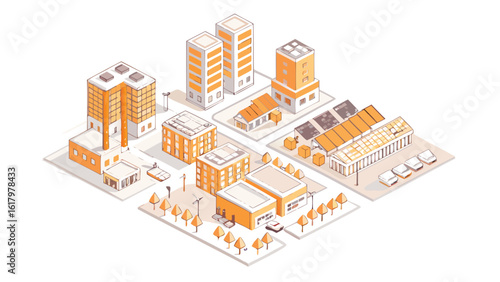 Isometric view of a city landscape featuring buildings trees and vehicles with a white background scene