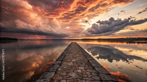 An orange summer sunset with dramatic clouds reflects on the calm lake waterAn orange summer sunset with dramatic clouds reflects on the calm lake water