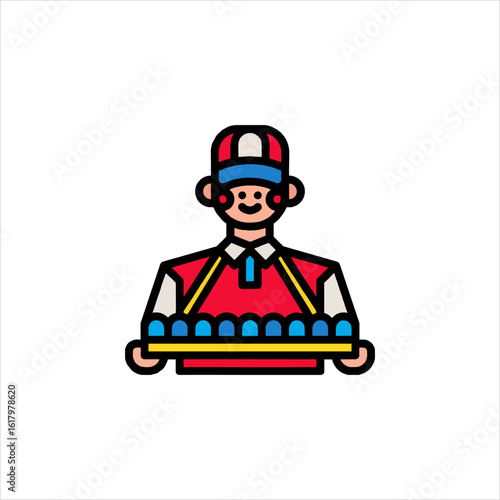 Smiling vendor carries tray of colorful eggs through bustling marketplace, offering fresh produce with a cheerful disposition.