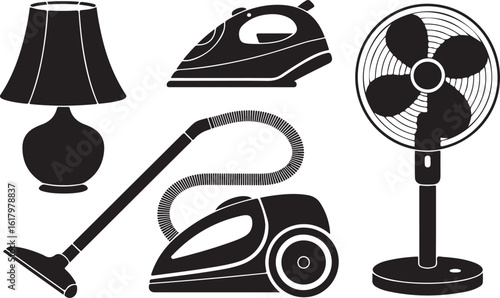Household appliances including a lamp vacuum cleaner iron and fan vector